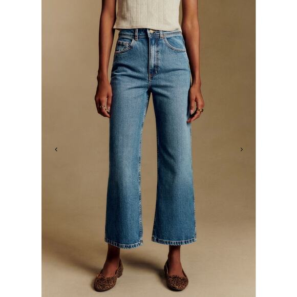 Sezane Le Crop Jeans High Rise Wide Leg Cropped Blue Denim Wash 48 US 16 - Picture 1 of 9